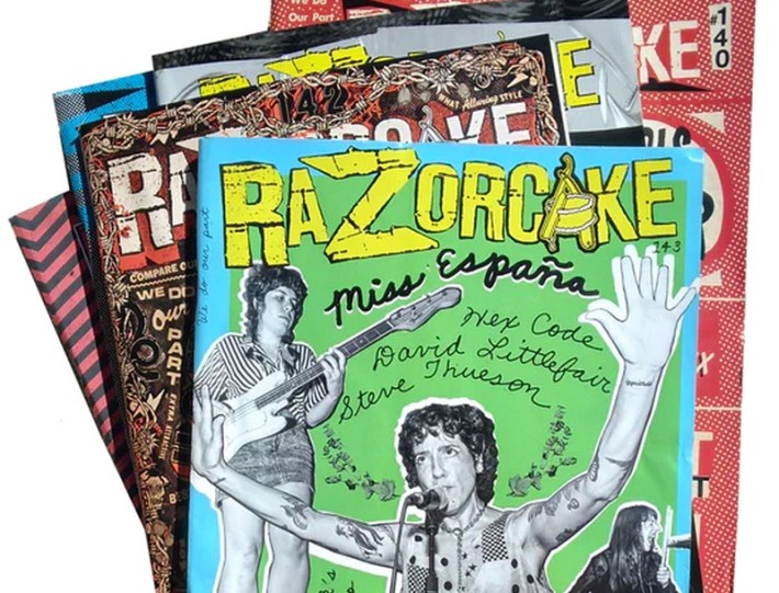 Stacked issues of punk zine Razorcake.