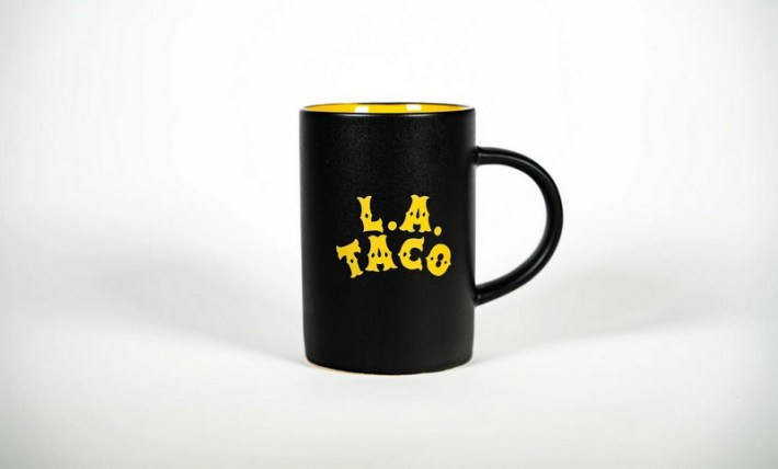 An L.A. TACO mug in black and yellow