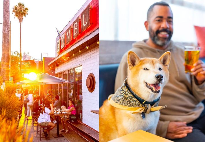 The outside of the restaurant and a Shiba Inu dog smiling next to a man drinking beer.
