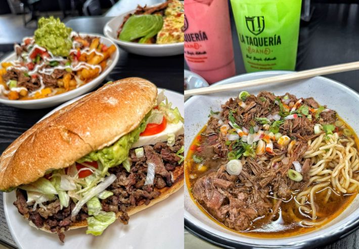 a stacked torta and a bowl of birria ramen.
