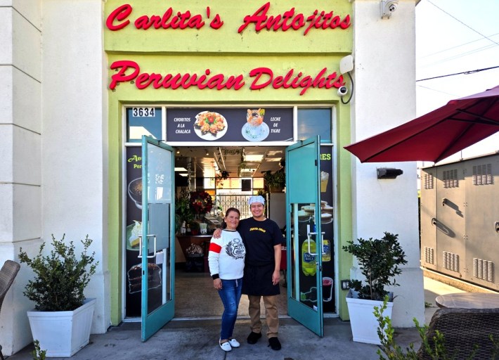 Carla Galvez-Toso and her son, Giancarlo Galvez, in front of Carlita's Antojitos in Vernon.