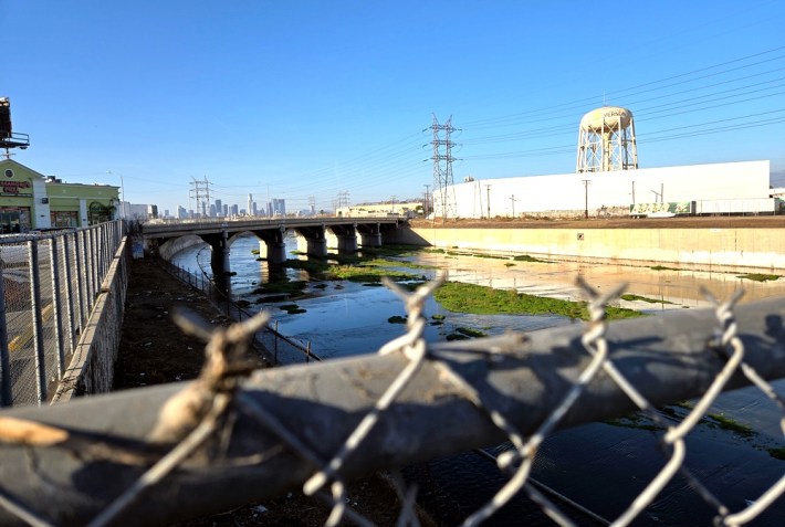 The L.A. River with Vernon's water tower and Downtown L.A.