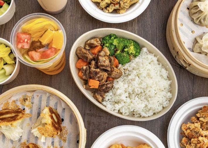 Beef and rice, fruit tea, and shumai at Xibei. Photo via Xibei.