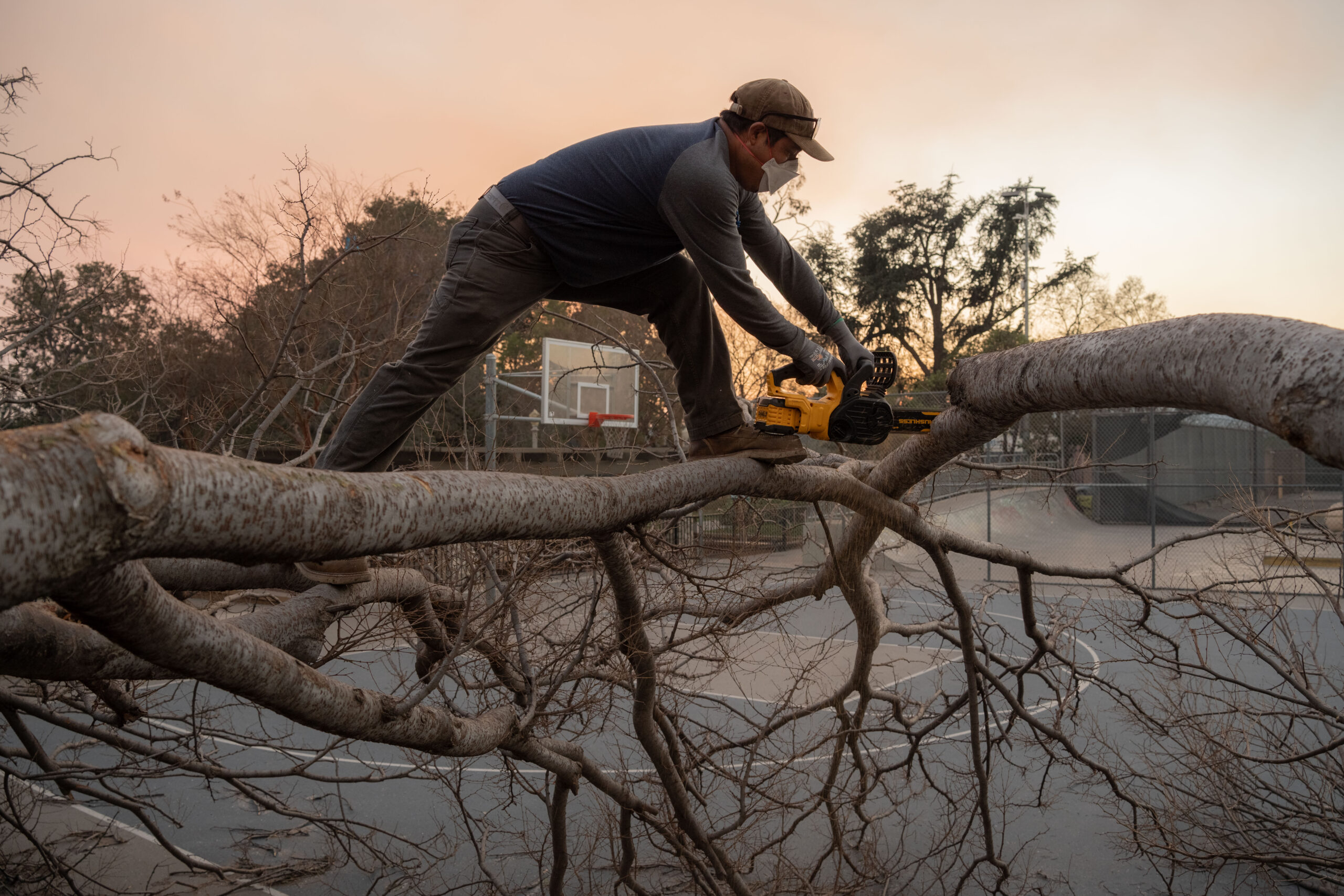 Bernardo Pedro, who lives in the Los Angeles neighborhood of Echo Park, brought his chainsaw to Pasadena to help clear downed trees on Thursday. All photos by Jeremy Lindenfeld.