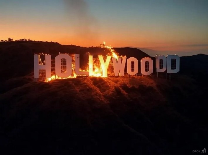 A fake, AI-generated image of the Hollywood sign in flames.