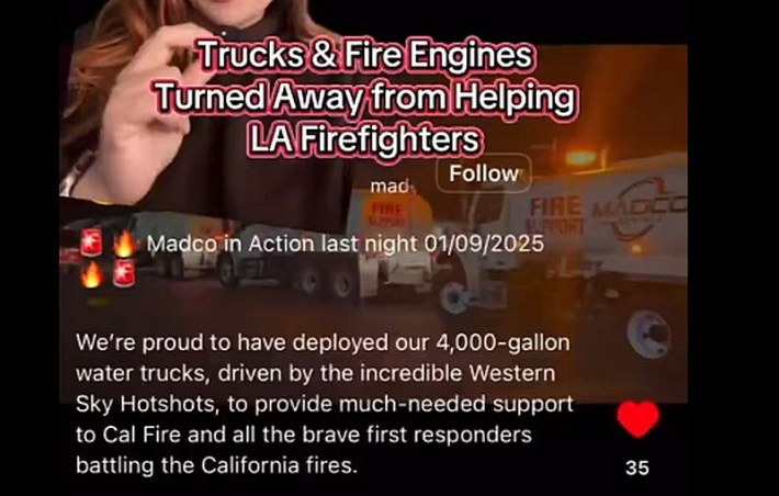 A screenshot of a video spreading the false information that Oregon, Arizona, and Washington firefighters were turned away from helping in California due to regulations.