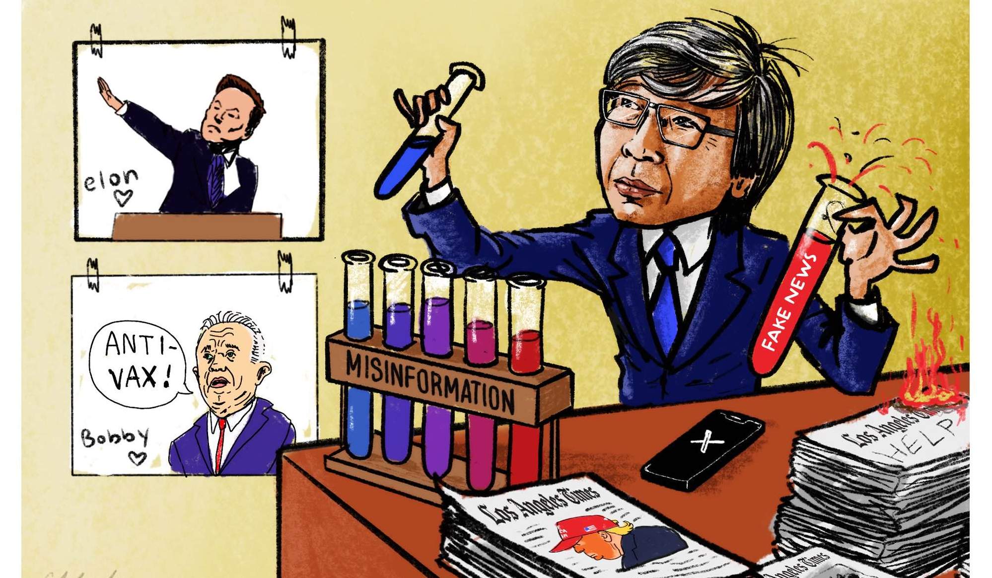 Illustration depicting a caricature of L.A. Times owner Patrick Soon-Shiong mixing up chemicals labeled misinformation and fake news, with illustrations of Elon Musk and Robert F. Kennedy Jr. in front of him on the wall.