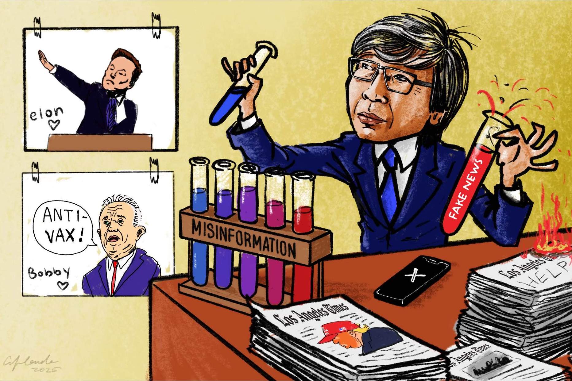 Illustration depicting a caricature of L.A. Times owner Patrick Soon-Shiong mixing up chemicals labeled misinformation and fake news, with illustrations of Elon Musk and Robert F. Kennedy Jr. in front of him on the wall.
