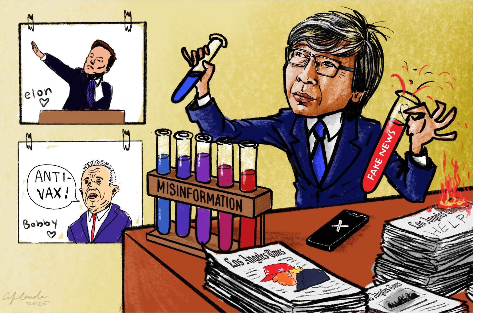 Illustration depicting a caricature of L.A. Times owner Patrick Soon-Shiong mixing up chemicals labeled misinformation and fake news, with illustrations of Elon Musk and Robert F. Kennedy Jr. in front of him on the wall.