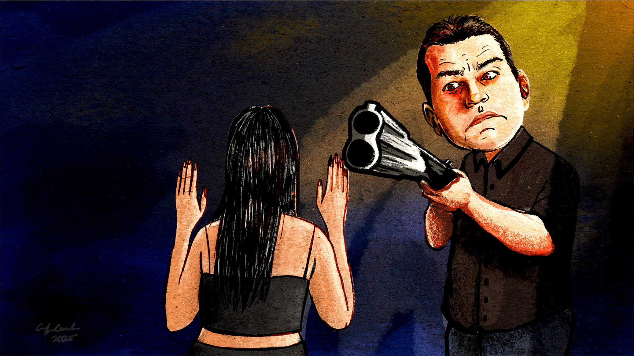 An illustration of LAPD Officer Vincent Deglinnocenti pointing a shotgun at Nataly Aguilar. Aguilar's back is turned to the viewer and she's holding both of her hands in the arm. The