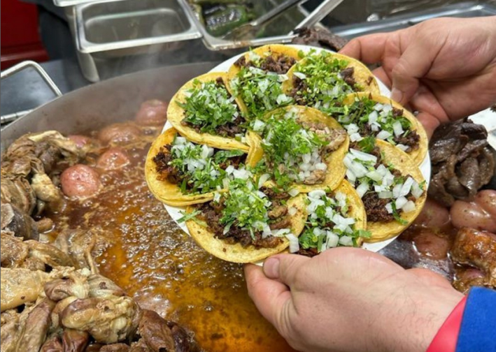 Tacos de asada, cabeza, pastor, and tripa from Tacos Chingones, appearing at Rodeo Food Court. Photo via Tacos Chingones.