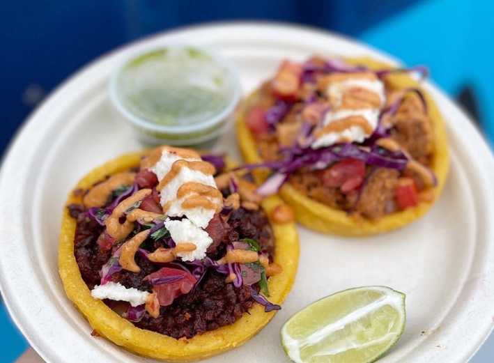 Vegan chicken and chicharron sopes at Vegan Jam Taqueria.