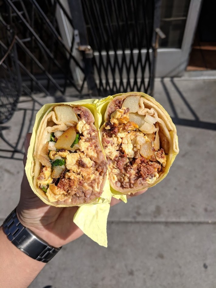 chorizo burrito with potatoes and beans.