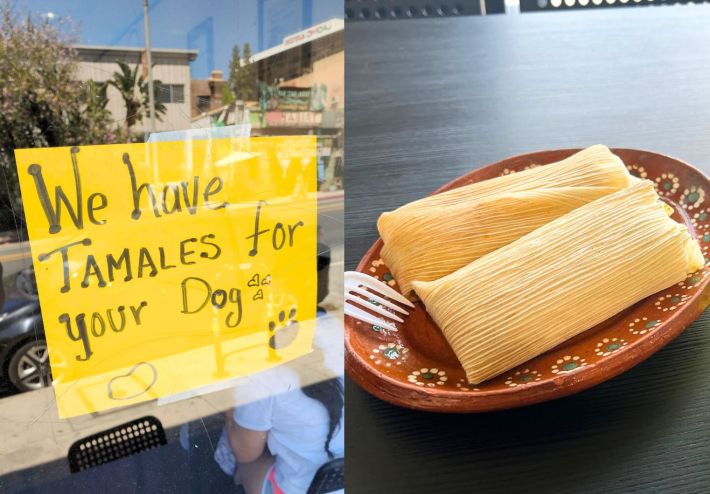 A yellow sign saying the restaurant sells dog-friendly tamales next to a photo of two tamales.
