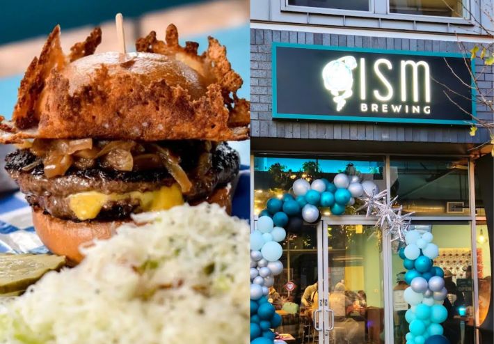 Burger with grilled onions and a crispy cheese skirt next to a photo of the outside of the brewery.