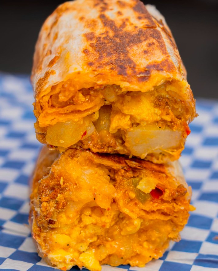 The chorizo burrito at Cofax Coffee includes smoked chorizo hash with potatoes, bell peppers and onions, scrambled egg, jack cheese, pico de gallo and crushed tortilla chips.