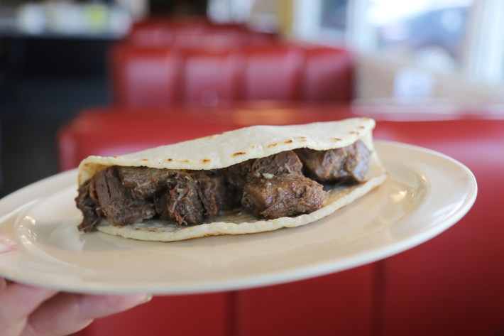 Slow-cooked tacos de lengua (tongue).