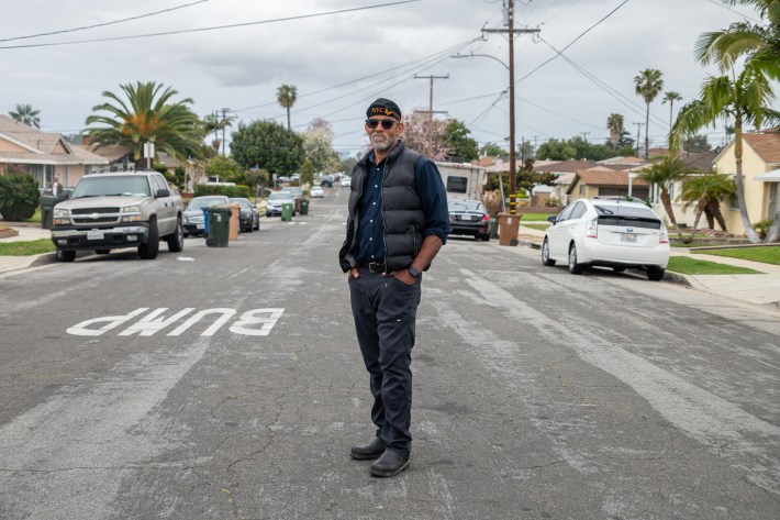 Friday production designer Bruce Bellamy on W 126th St. Photo Jared Cowan for L.A. TACO.