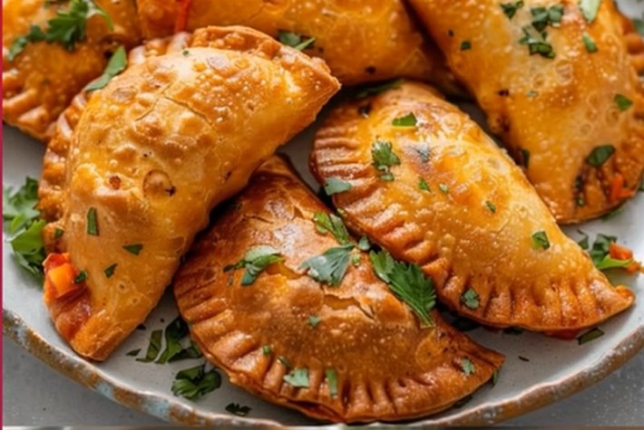 A white plate of six golden pastelitos covered in shredded parsley