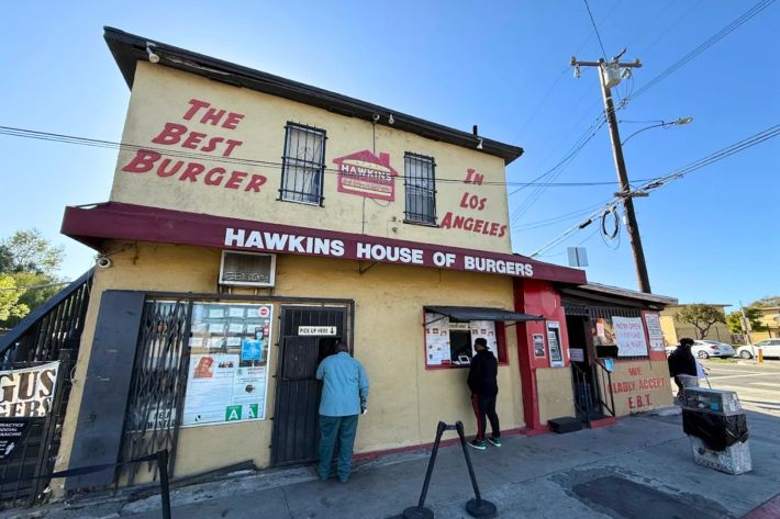 The exterior of Hawkins House of Burgers.