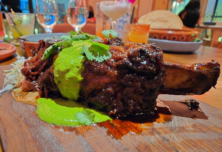 A huge beef short rib on the bone topped with a bright green sauce.