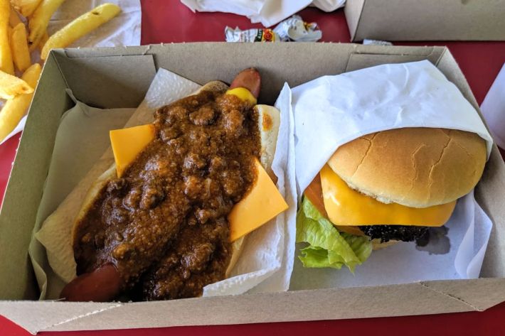 Chili cheese burger and a chili cheese dog.