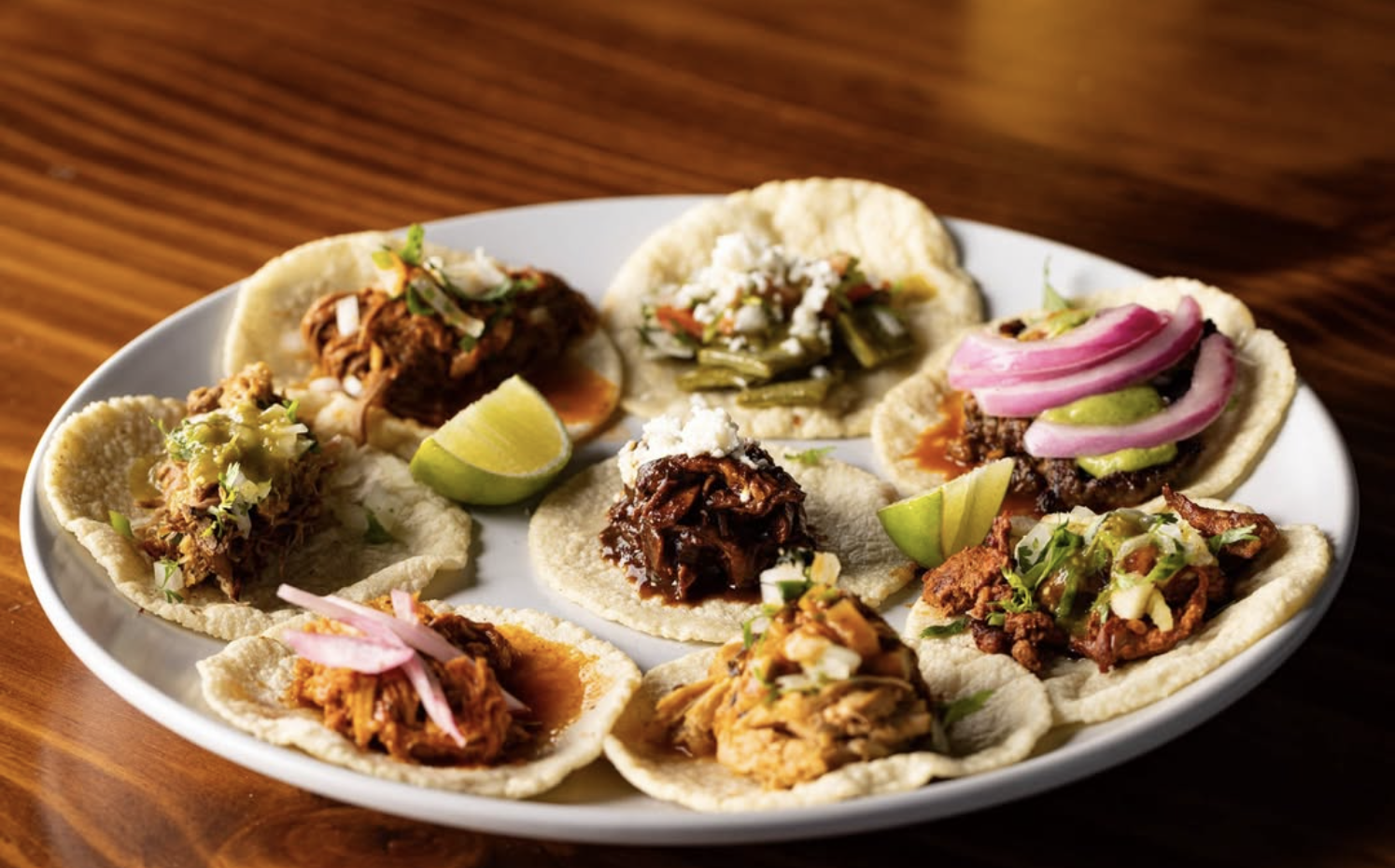 Tacos with handmade tortillas, braised beef, chicken stews, asadas, mahi mahi, shrimp and more.