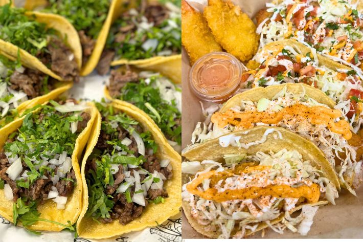Tacos de asada with cilantro and onion on the left and baja fish tacos topped with shredded cabbage and a special sauce.