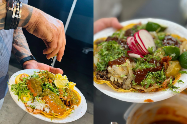 tacos al pastor and asada with salsa and other toppings.