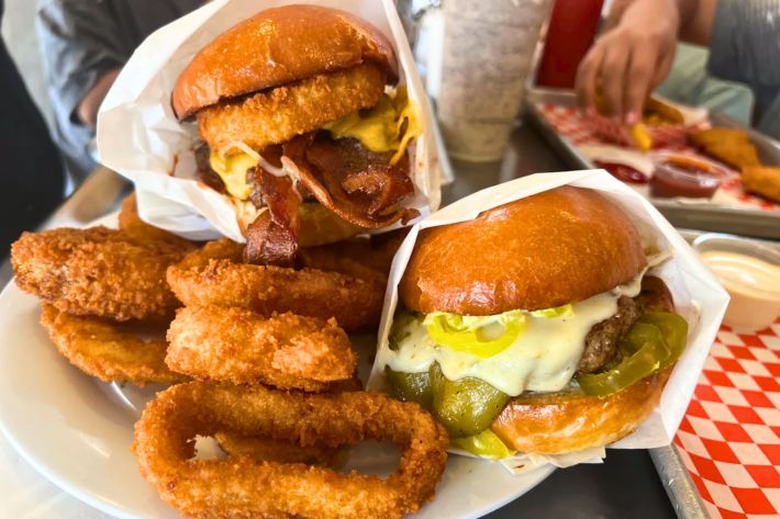 Cheese burgers and onion rings.