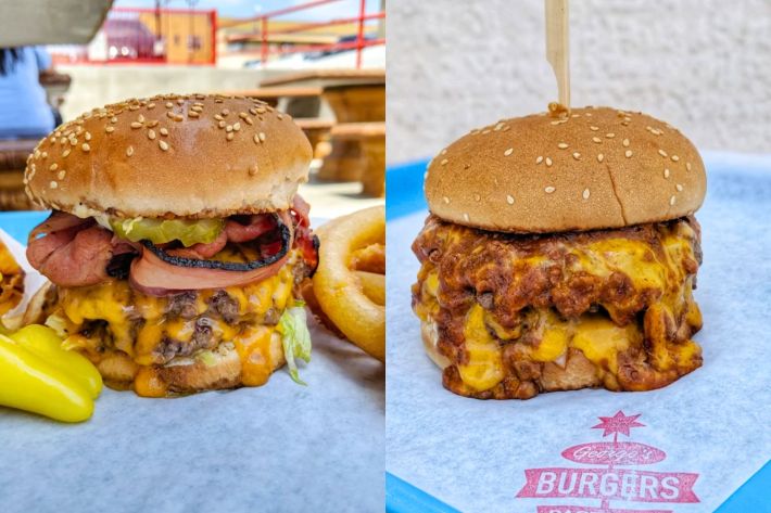 Pastrami cheeseburger and a double chili cheese burger.
