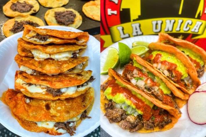 Quesabirria de Chivo at La Unica, topped with red salsa, cilantro, onion and guacamole.