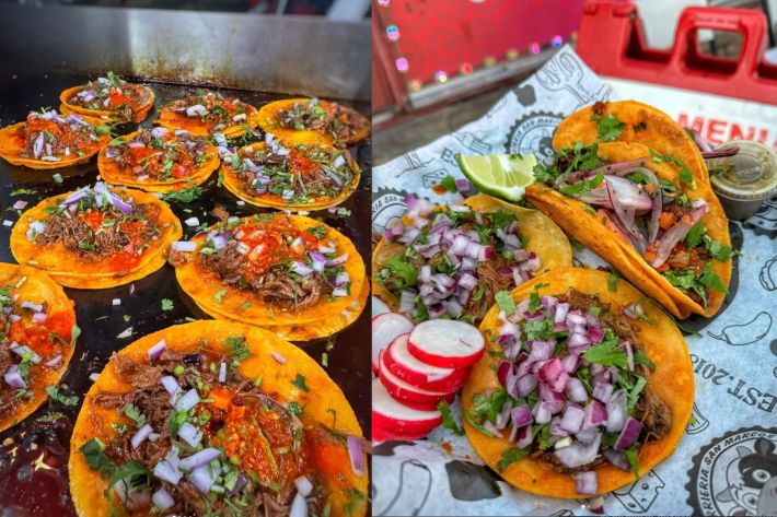 Birria tacos prepared with red onion, cilantro and red and green salsa.