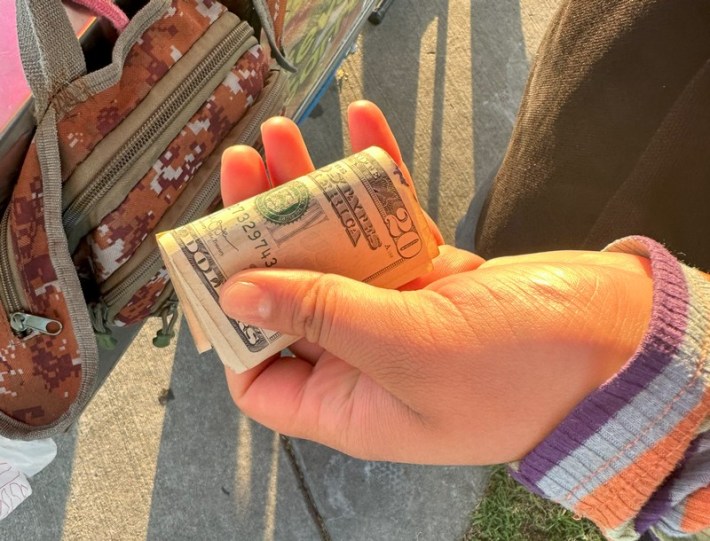 A hand holds some rolled up $20 bills.