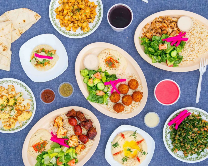 Falafel, shawarma, and kebba plates at X'Tiosu.