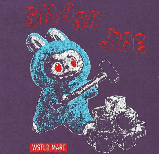 A blue Labubu smashes ice blocks with a sledgehammer under the words Smash Ice