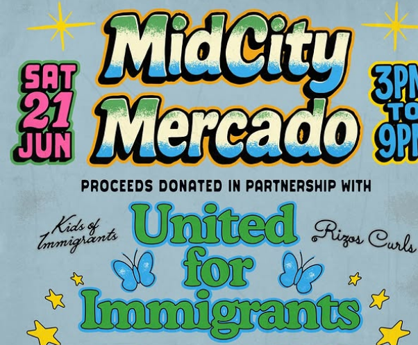 A blue flyer for Midcity Mercado that looks like airbrushing style letters