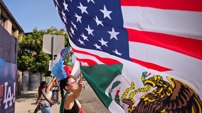 A protester holds a flag blowing in the wind.