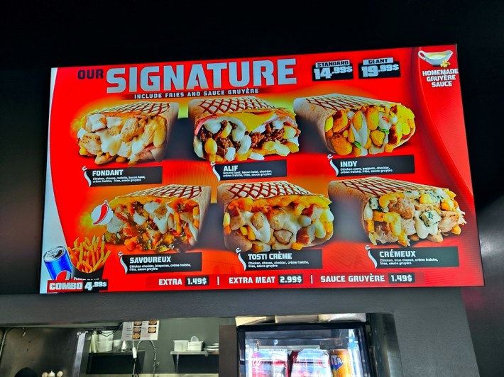 A menu board showing 6 variations on what are known as "French Tacos"