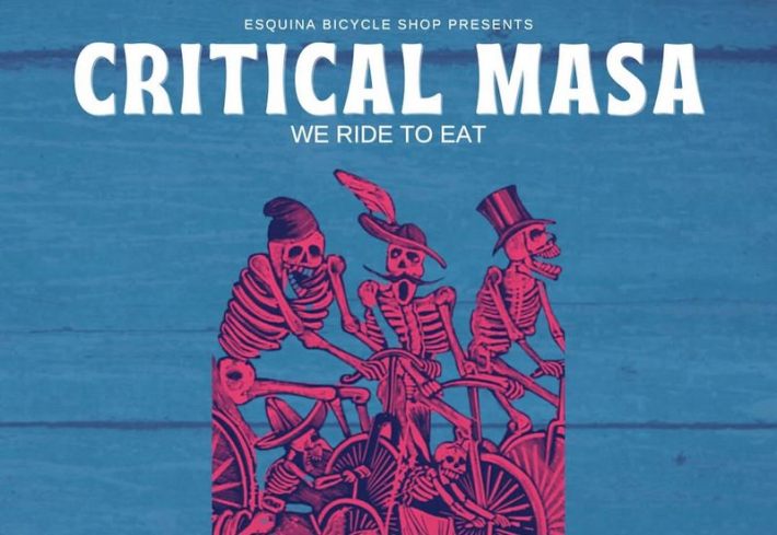 Pink Dia De Los Muertos-style skeletons on bikes, on a blue background advertising Critical Masa "We Ride to Eat"