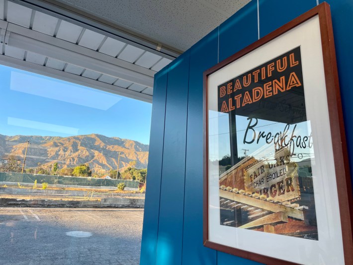 The San Gabriel Mountains seen from inside Altadena Burger.