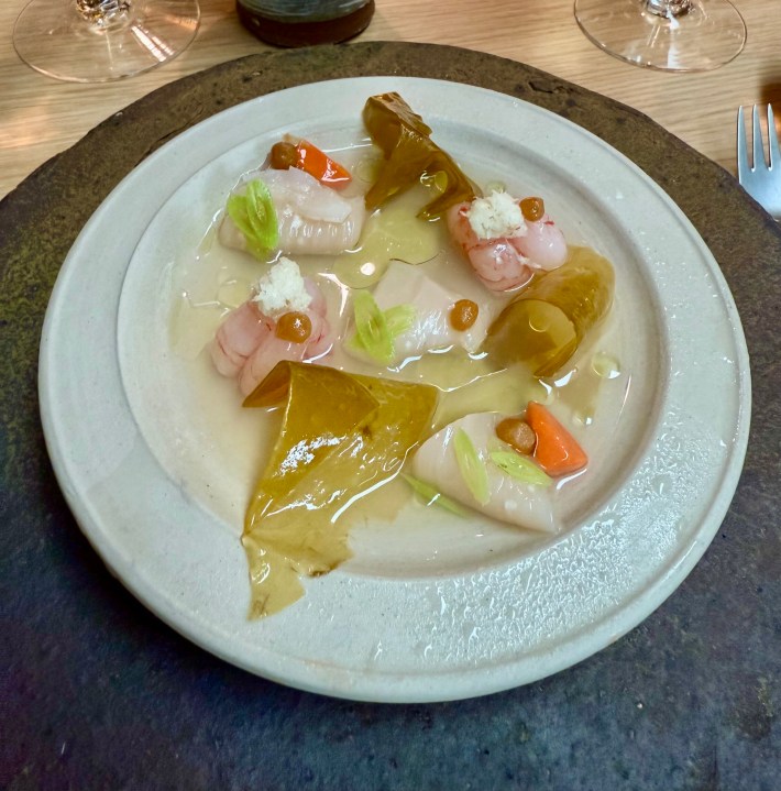 Local shrimp, sugar kelp, scallops from Norway, and sugar kelp at Noma.