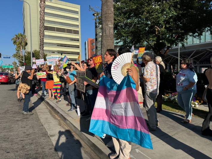 Protestors lined up against the sidewalk, one of which holds a pink, white, and blue striped flag.