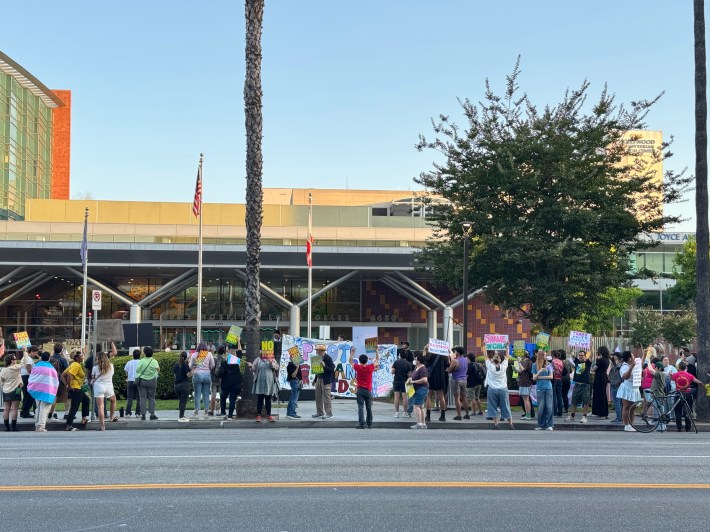 Protestors lined up holding signs, as seen from behind them