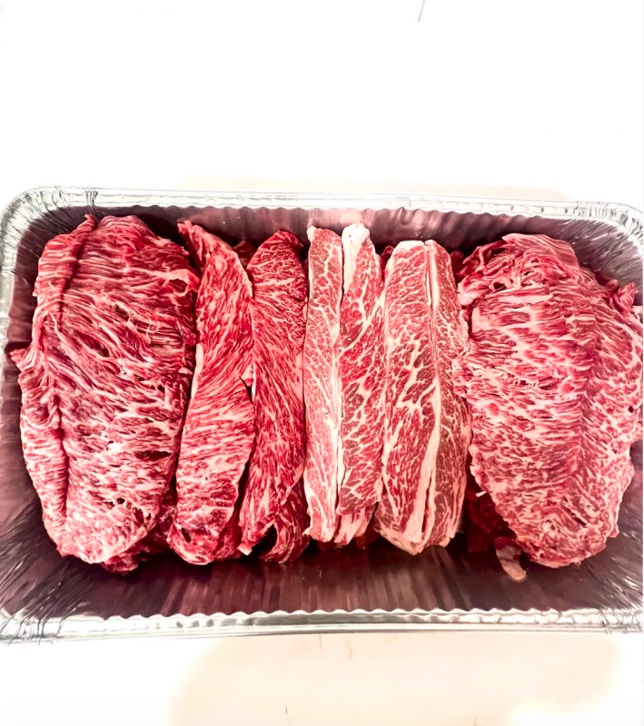 a tray of assorted cuts of meat.