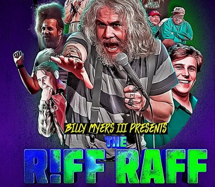 A poster image for The Riff Raff Comedy Show, featuring a long-haired comedian in a striped prison shirt yelling into a microphone, with heads of other comedians behind him, including Reggie Watts