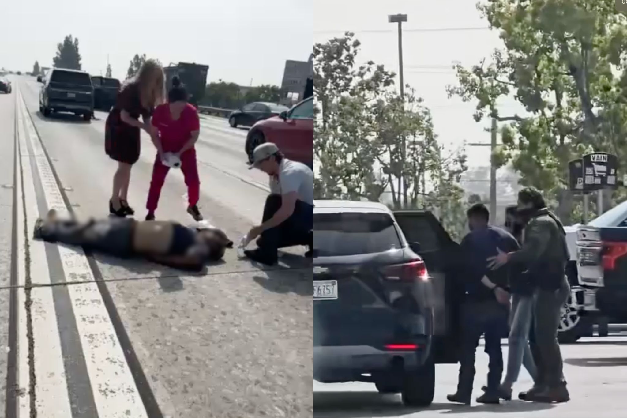 Left screenshot is from a video capturing the aftermath of the accident on the 210 freeway. Right screenshot is from a video of the raid at Home Depot in Monrovia.