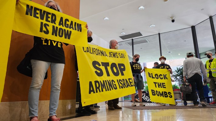 Demonstrators with Jewish Voices for Peace inside Adam Schiff's office in Burbank.