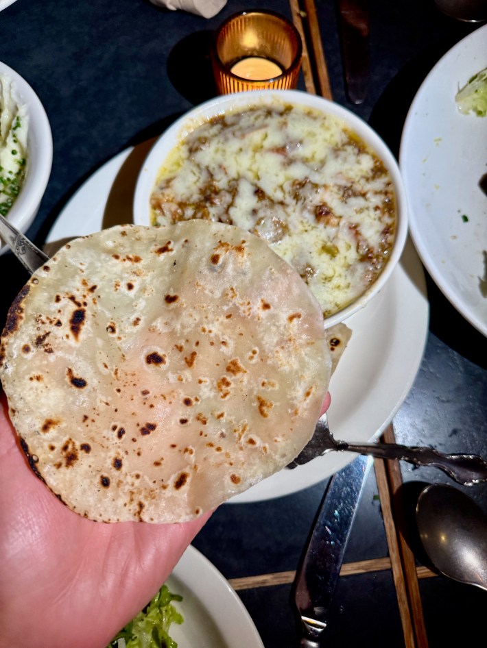 Dunsmoor green chile taco with a fresh handmade flour tortilla.