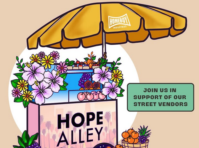 Flyer art for Hope Alley, featuring a street vendors stand with a yellow umbrella, fruit, and flowers
